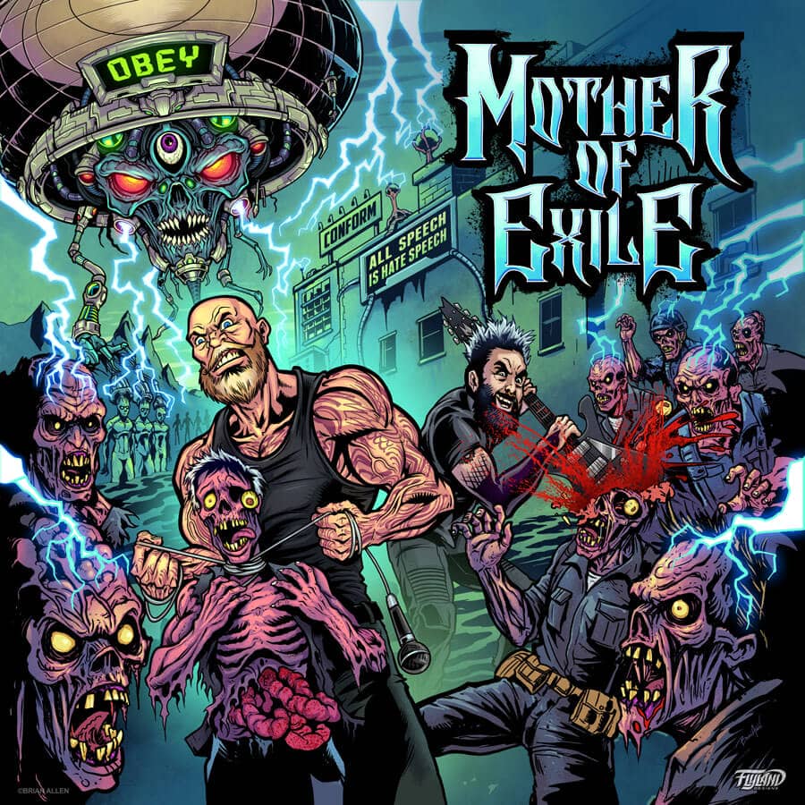 Mother of Exile Your Moment's Here Album Cover featuring all the band members fighting a zombie alien apocalypse. Artwork by Brian Allen, Flyland Designs