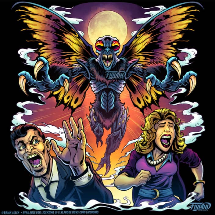 The mothman pursues two fleeing individuals; illustration by Brian Allen