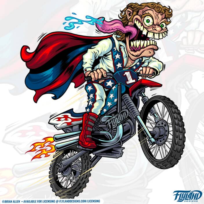 A crazy dare devil wearing stars and stripes rides a mortocycle, illustration by Brian Allen