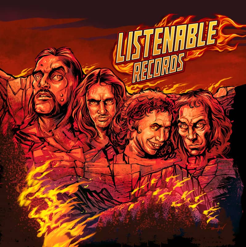 Album cover for the band Listenable Records depicting each member as a face on Mount Rushmore. Done in reds and oranges.
Artwork by Brian Allen, Flyland Designs.