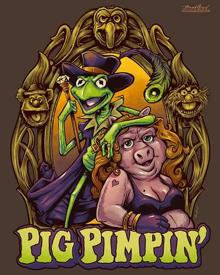 T-Shirt parody illustration I created of Kermit and Ms. Piggy hitting hard times, entitled "Pig Pimpin." This was an illustration I created sometime ago, and I always loved the idea, but the execution was kind of flat. I decided to redraw it, and I'm really glad I did.. To see more of my work, or hire me for freelance projects, please visit my website: www.flylanddesigns.com