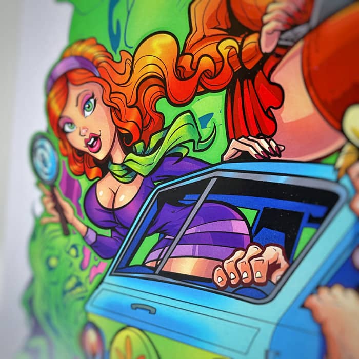 Scooby Doo parody "Mystery Gang" artwork showing Scooby, Daphne, Fred, Velma, and Shaggy driving the Mystery Machine drawn in a fun cartoony style with ghost villains surrounding. Artwork by Artist Brian Allen of FlyLandDesigns