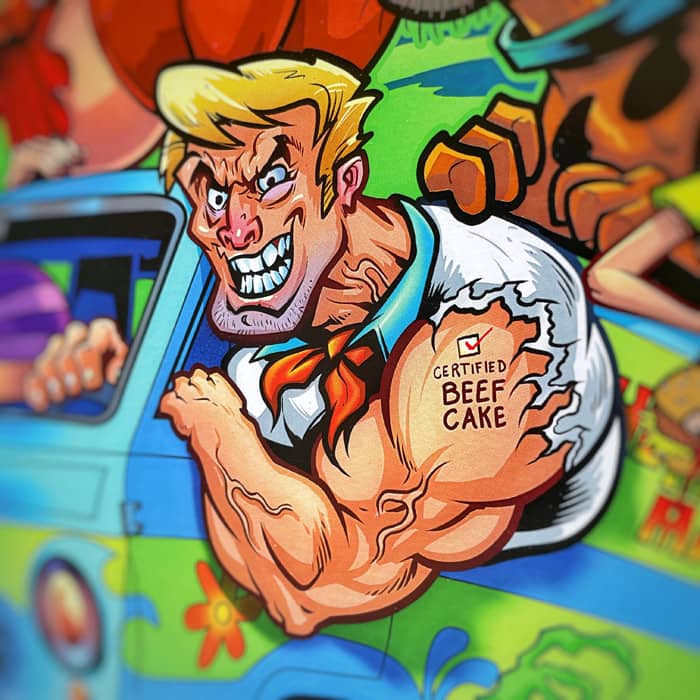 Scooby Doo parody "Mystery Gang" artwork showing Scooby, Daphne, Fred, Velma, and Shaggy driving the Mystery Machine drawn in a fun cartoony style with ghost villains surrounding. Artwork by Artist Brian Allen of FlyLandDesigns