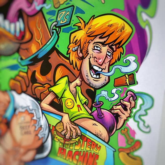 Scooby Doo parody "Mystery Gang" artwork showing Scooby, Daphne, Fred, Velma, and Shaggy driving the Mystery Machine drawn in a fun cartoony style with ghost villains surrounding. Artwork by Artist Brian Allen of FlyLandDesigns