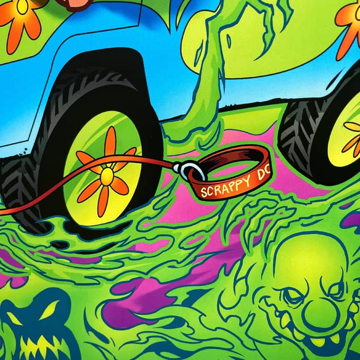 Scooby Doo parody "Mystery Gang" artwork showing Scooby, Daphne, Fred, Velma, and Shaggy driving the Mystery Machine drawn in a fun cartoony style with ghost villains surrounding. Artwork by Artist Brian Allen of FlyLandDesigns
