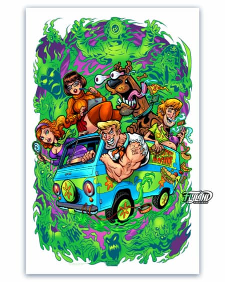 A full color illustration of the Mystery Gang. Featuring Scooby, Daphne, Fred, Velma, and Shaggy driving the Mystery Machine.