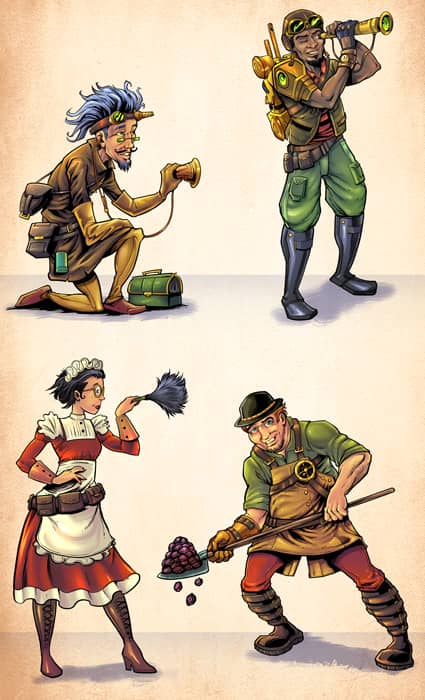 Steampunk family character design and robots