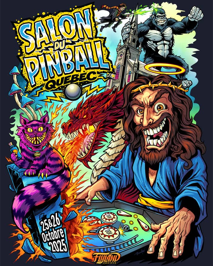 Poster artwork I designed for the Salon Du Pinball Quebec Poster 2025 of Jesus playing a pinball machine with a dragon, Cheshire Cat, King Kong, and Harry Potter