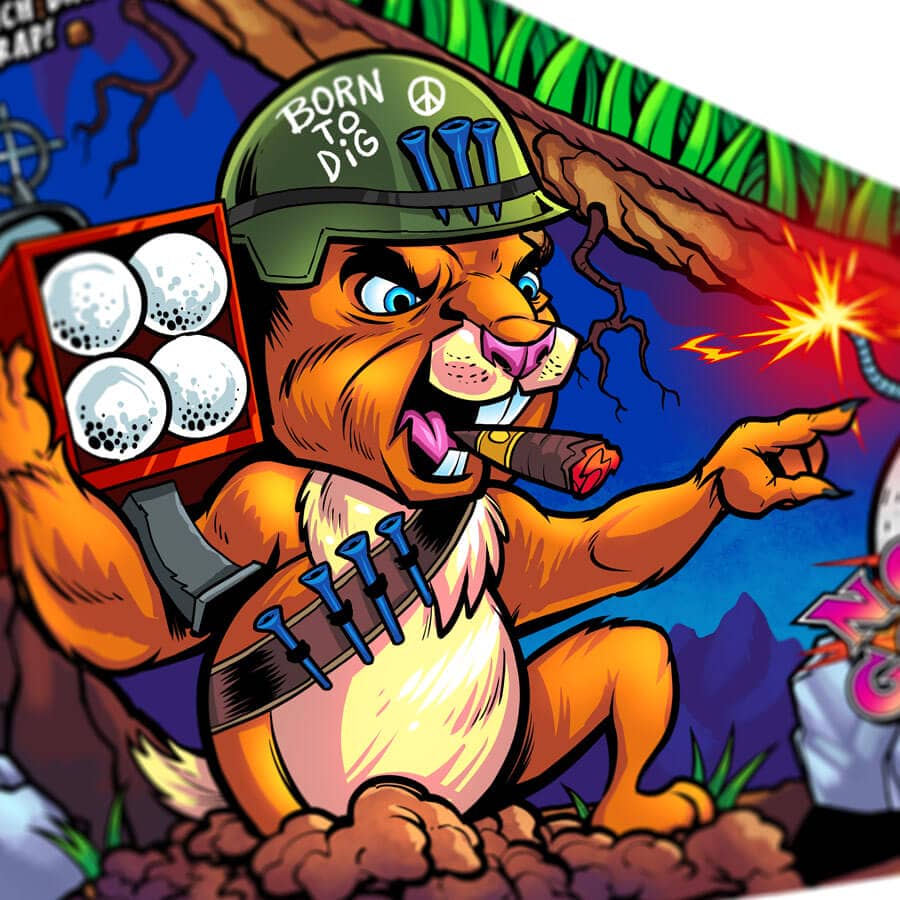 Illustration of colorful cartoon gofers digging underground for the No Good Gofers pinball machine magnetic apron