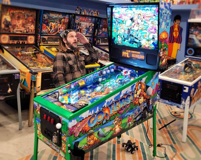 No Good Gophers Vinyl wrap for Pinball Machines artwork by Brian Allen. A fun cartoon style drawing of Gophers causing havock on a golf course.