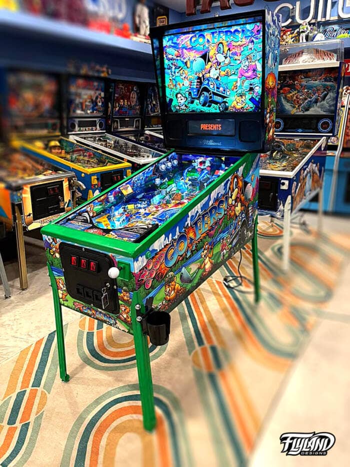 No Good Gophers Vinyl wrap for Pinball Machines artwork by Brian Allen. A fun cartoon style drawing of Gophers causing havock on a golf course.