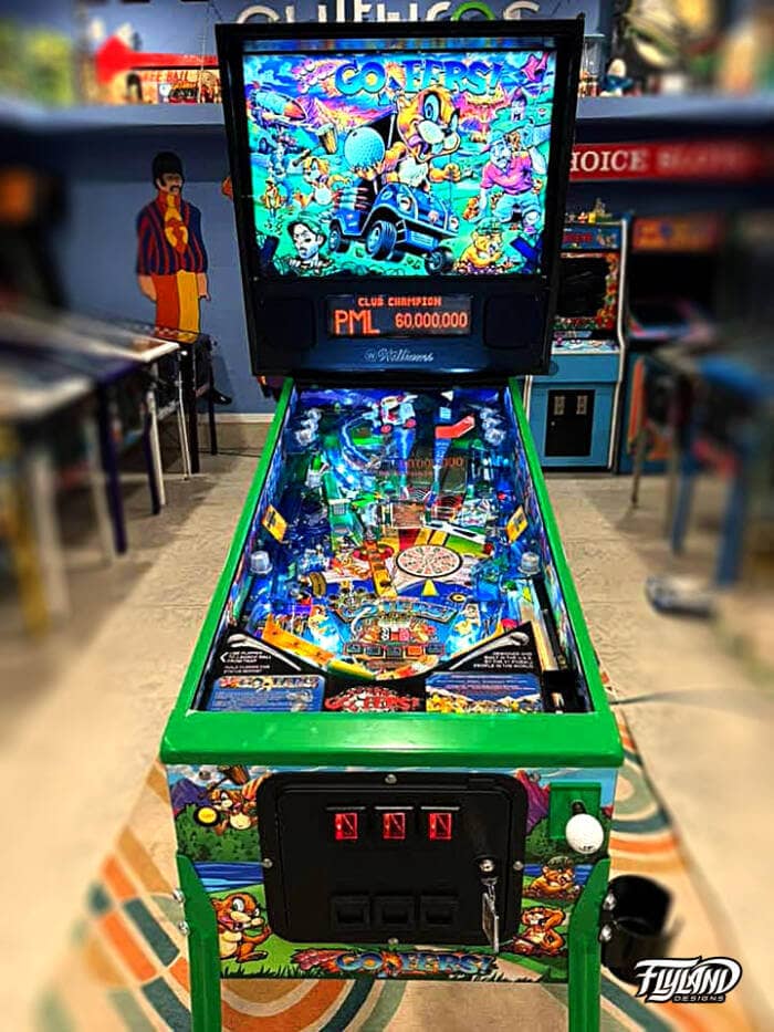 No Good Gophers Vinyl wrap for Pinball Machines artwork by Brian Allen. A fun cartoon style drawing of Gophers causing havock on a golf course.