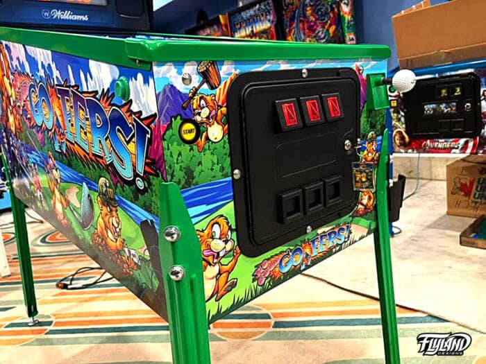 No Good Gophers Vinyl wrap for Pinball Machines artwork by Brian Allen. A fun cartoon style drawing of Gophers causing havock on a golf course.