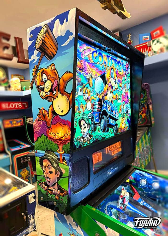 No Good Gophers Vinyl wrap for Pinball Machines artwork by Brian Allen. A fun cartoon style drawing of Gophers causing havock on a golf course.