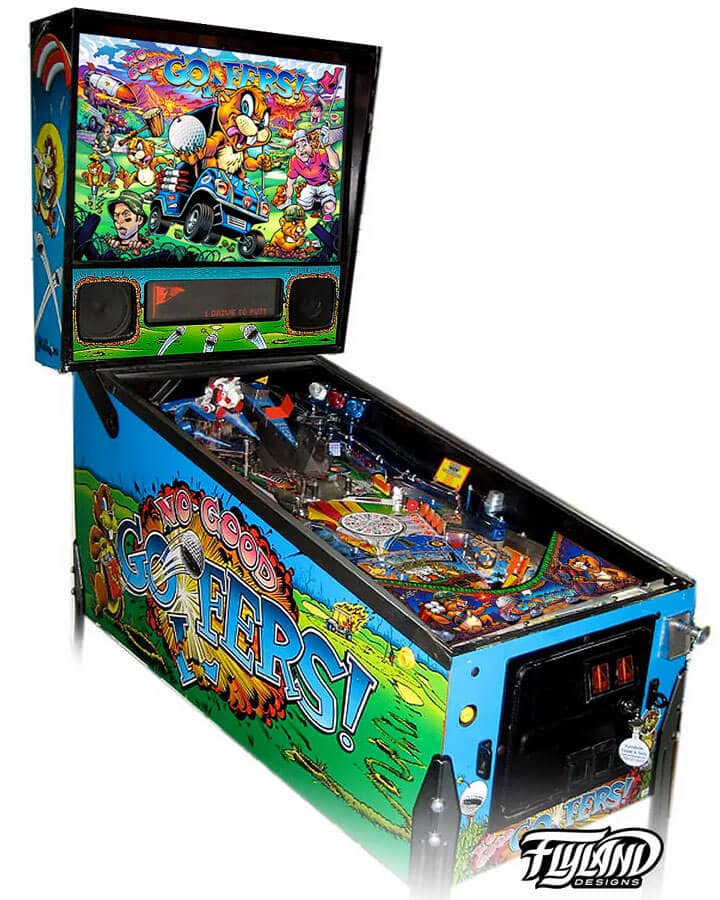 Illustration of colorful cartoon gofers digging underground for the No Good Gofers pinball machine magnetic apron