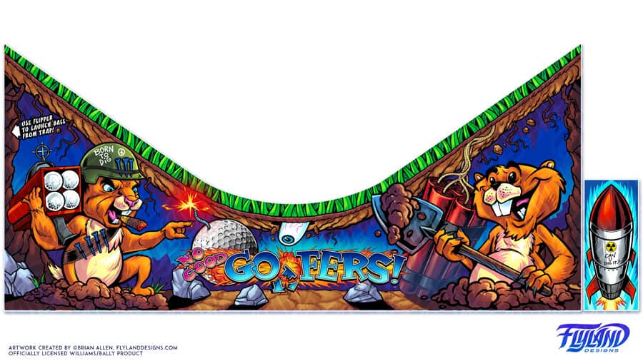 Illustration of colorful cartoon gofers digging underground for the No Good Gofers pinball machine magnetic apron