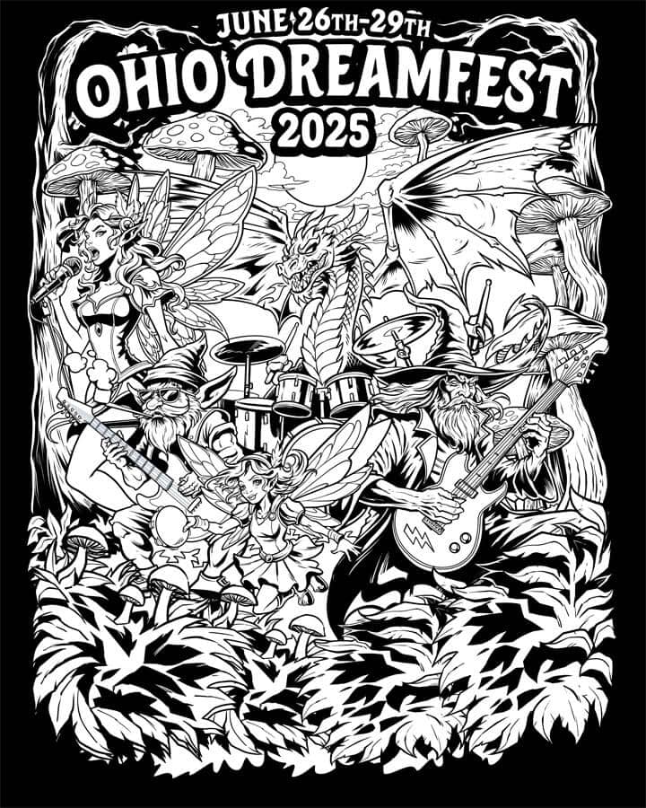 Illustration of a wizard, dragon, gnome, and fairies playing in a band in the forest.