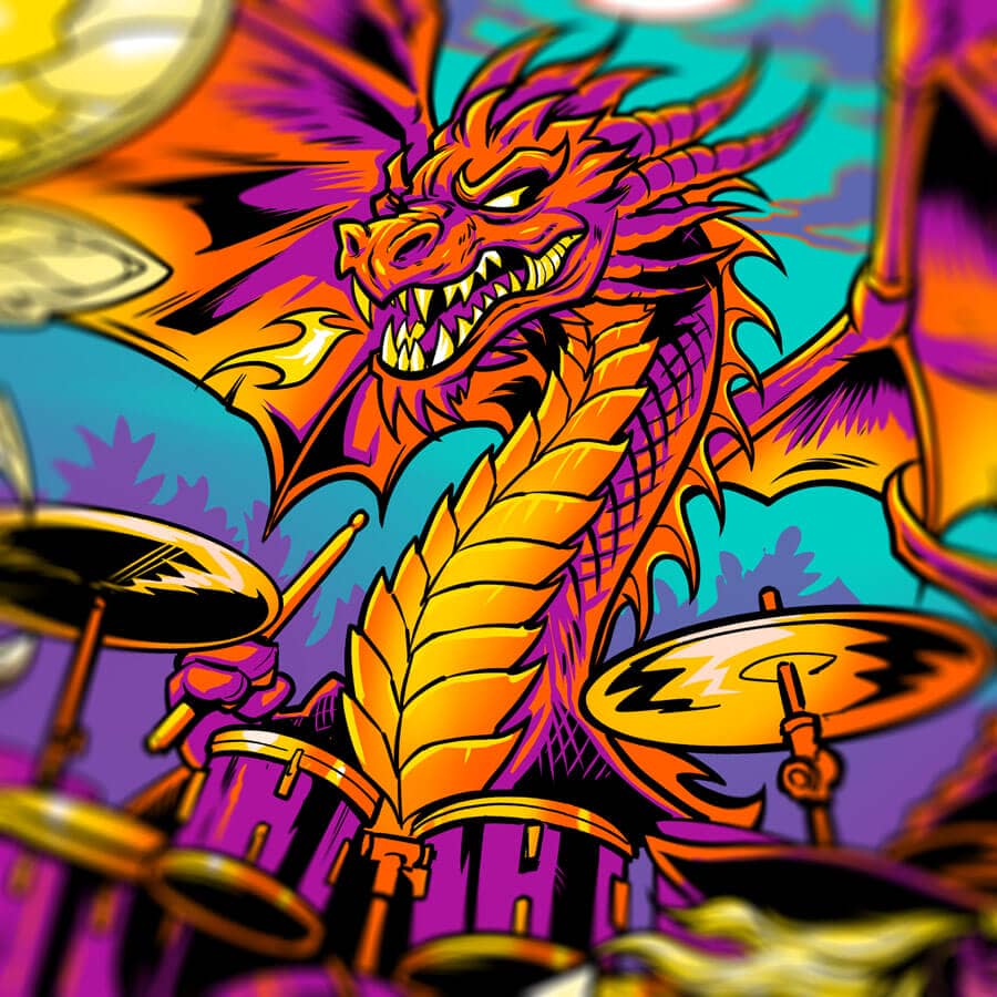 Illustration of a wizard, dragon, gnome, and fairies playing in a band in the forest.