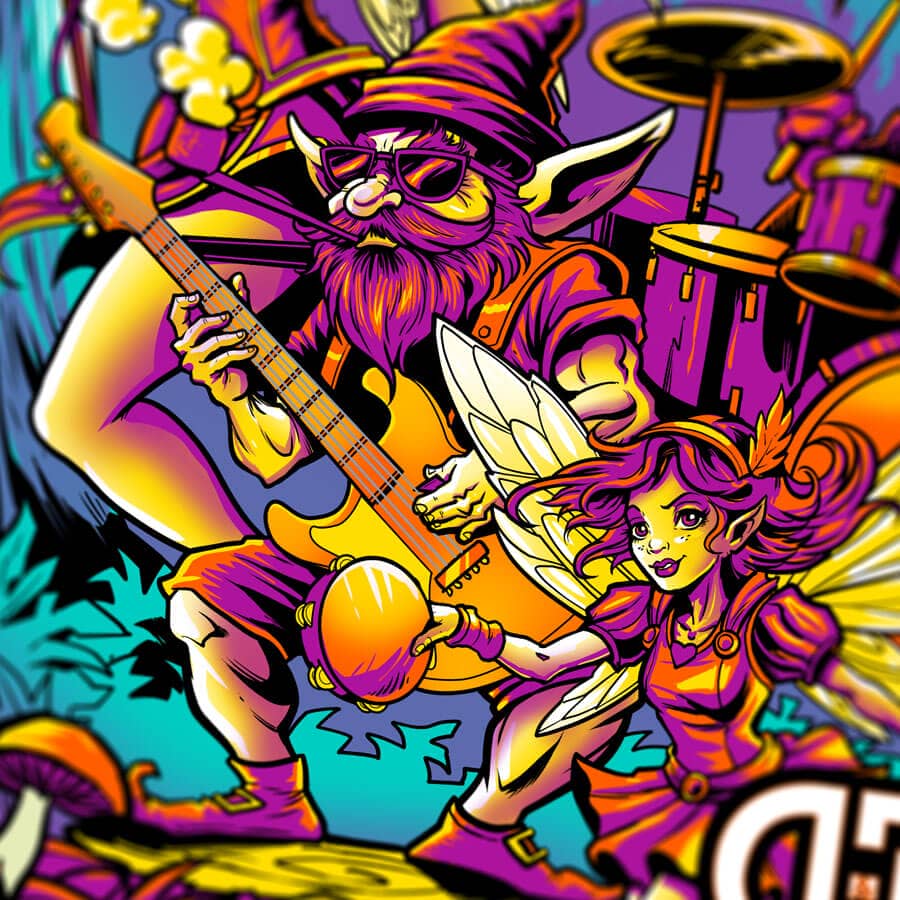 Illustration of a wizard, dragon, gnome, and fairies playing in a band in the forest.