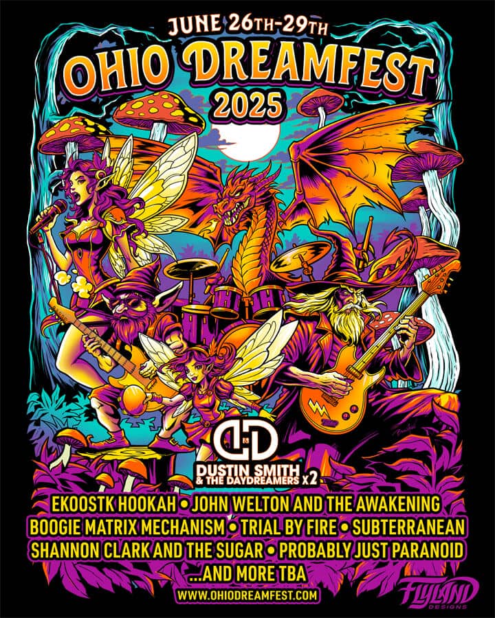 Illustration of a wizard, dragon, gnome, and fairies playing in a band in the forest.