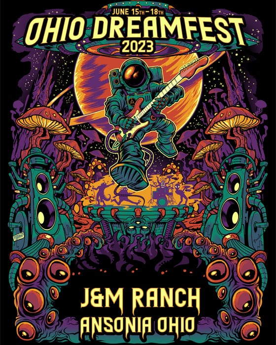 Gig Poster I designed for Ohio Dreamfest of an astronaut playing guitar on an alien planet.