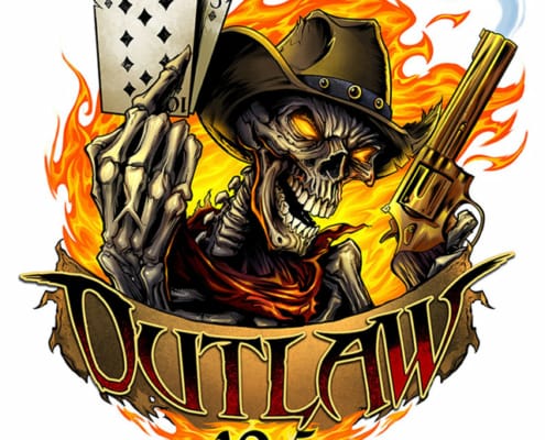 Custom logo design I created for Outlaw 10.5, a racing company in Australia. This was an update of his existing logo that needed a complete re-imaganing.  The logo features a skeleton outlaw holding a smoking gun,