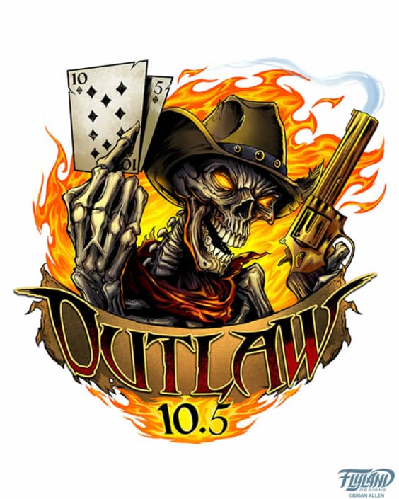 Custom logo design I created for Outlaw 10.5, a racing company in Australia. This was an update of his existing logo that needed a complete re-imaganing.  The logo features a skeleton outlaw holding a smoking gun,