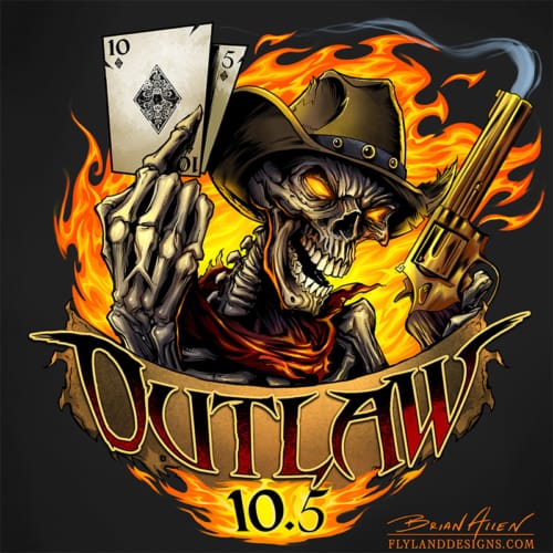 Skeleton outlaw cowboy holding a smoking gun and playing cards