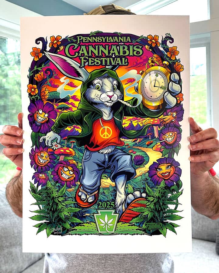 Poster drawn by artist Brian Allen for the PA Cannafest Spring 2025 festival of an easter bunny troucning through wonderland