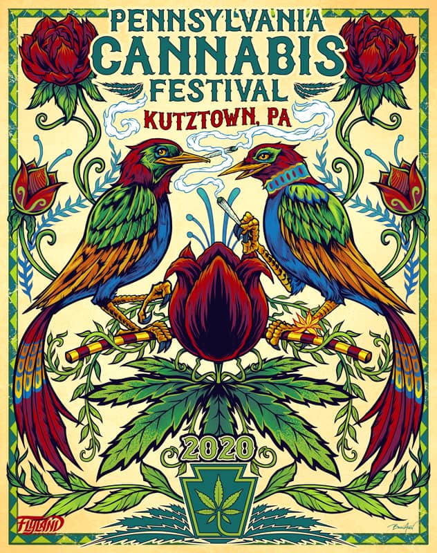 Colorful Cannabis Festival Event Poster with Birds of Paradise and Flowering Marijuana Plant. 