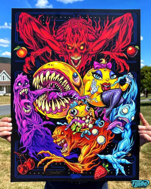 Colorful illustration parody of Pac-Man, Ms. Pac-Man, and Baby Pac-Man eating the ghosts from the retro arcade game drawn by Brian Allen