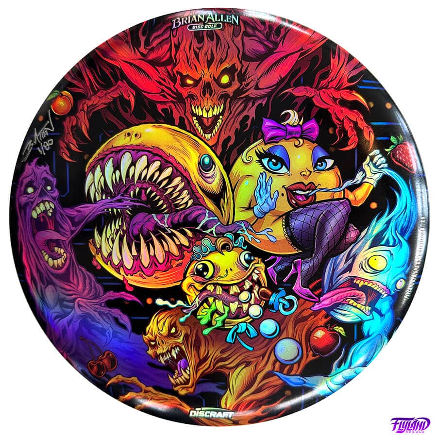 Colorful illustration parody of Pac-Man, Ms. Pac-Man, and Baby Pac-Man eating the ghosts from the retro arcade game drawn by Brian Allen and printed on a Discraft Buzzz Disc