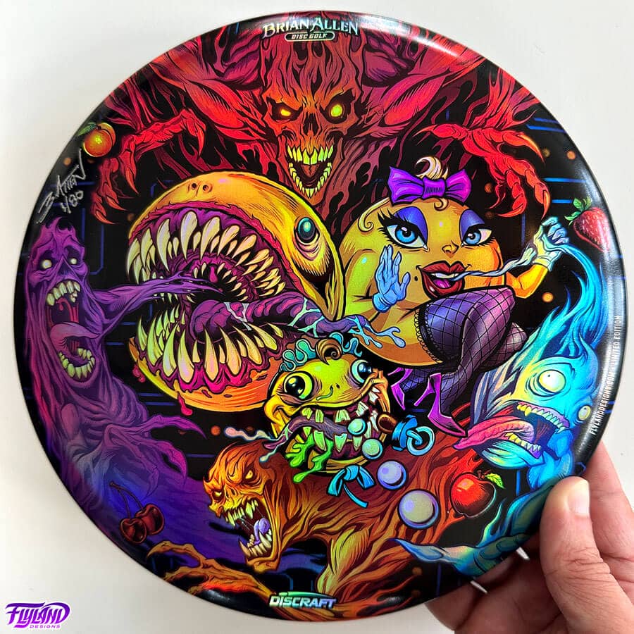 Colorful illustration parody of Pac-Man, Ms. Pac-Man, and Baby Pac-Man eating the ghosts from the retro arcade game drawn by Brian Allen and printed on a Discraft Buzzz Disc