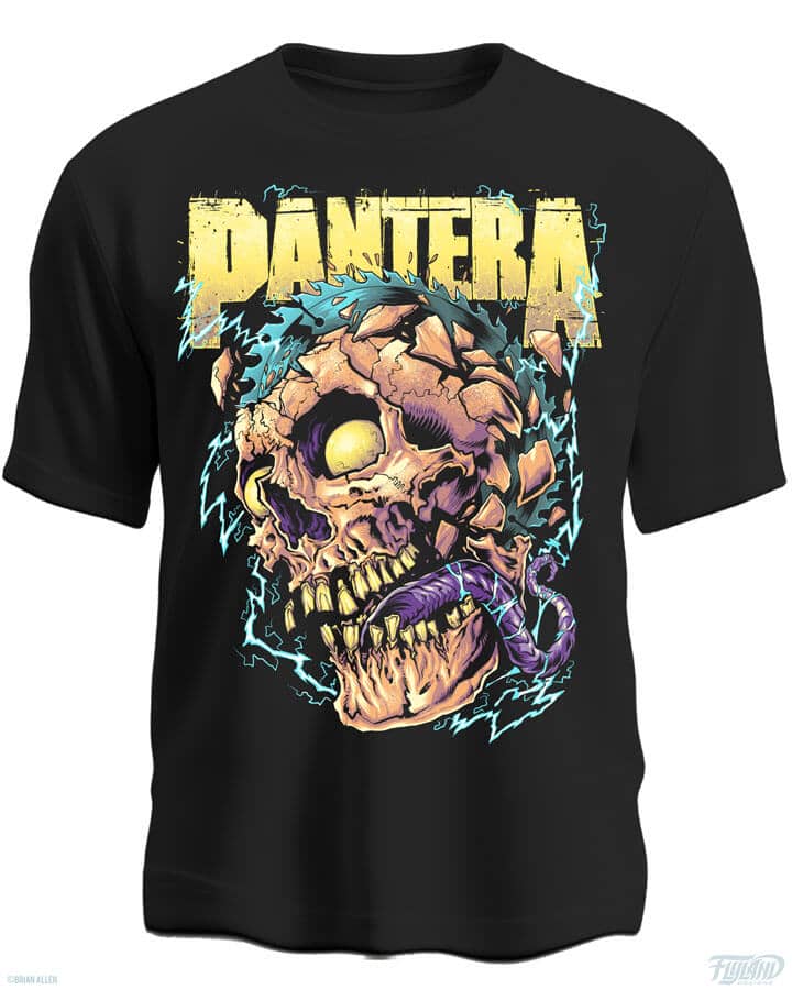 T-shirt design of an electric skull with a sawblade in its head, drawn by artist Brian Allen