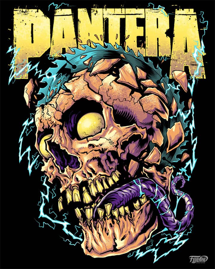 T-shirt design of an electric skull with a sawblade in its head, drawn by artist Brian Allen