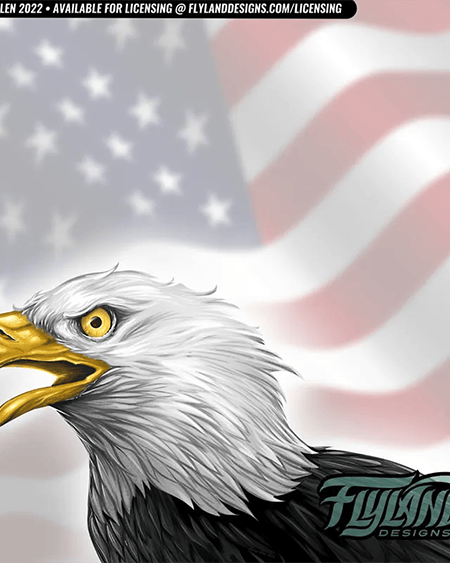 Head of an eagle in front of a American flag