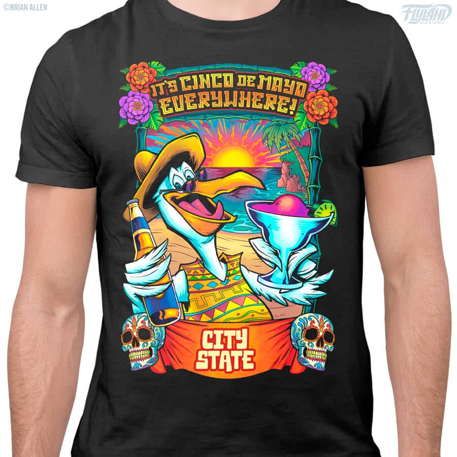 Tropical t-shirt design of a pelican holding drinks to celebrate Cinco De Mayo, drawn by artist Brian Allen