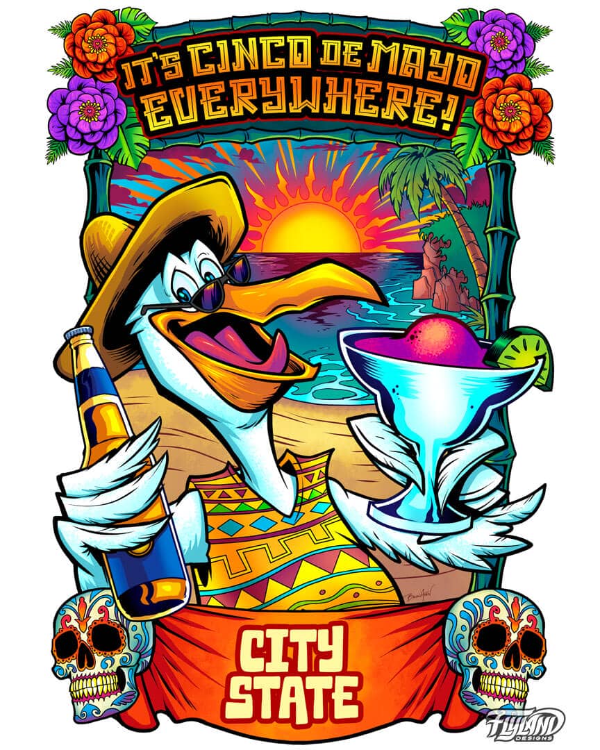 Tropical t-shirt design of a pelican holding drinks to celebrate Cinco De Mayo, drawn by artist Brian Allen