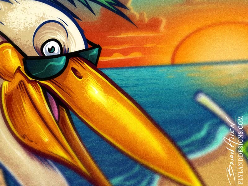 Custom T-Shirt Illustration of a cartoon pelican drinking on a tropical beach