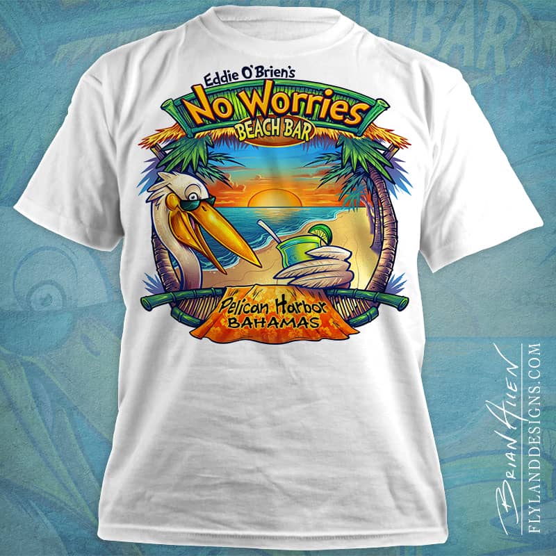 Custom T-Shirt Illustration of a cartoon pelican drinking on a tropical beach