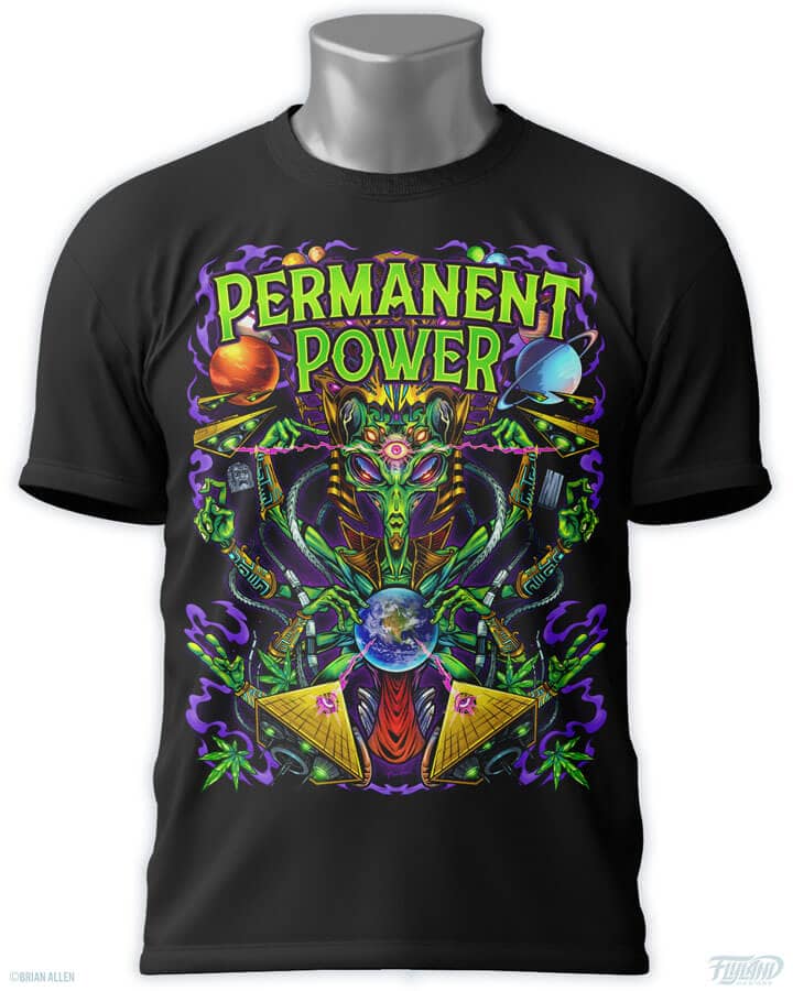 Psychedelic t-shirt design of an alien, planets, spaceships, pyramids, and marijuana leafs, drawn by artist Brian Allen