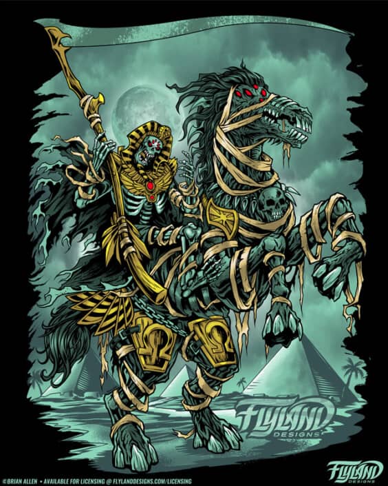 A skeleton Egyptian pharoh rides a zombie mummified horse. Illustration by Brian Allen.