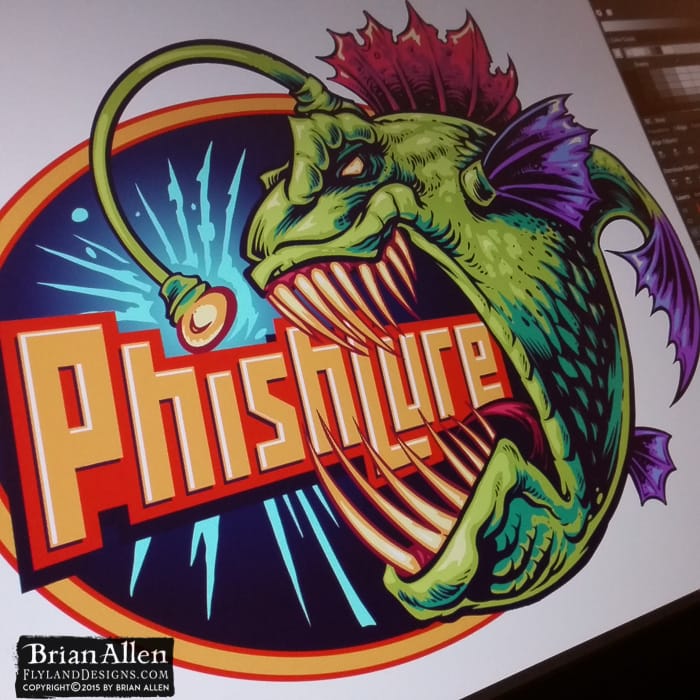 Logo design of an angry evil anglerfish in bright colors