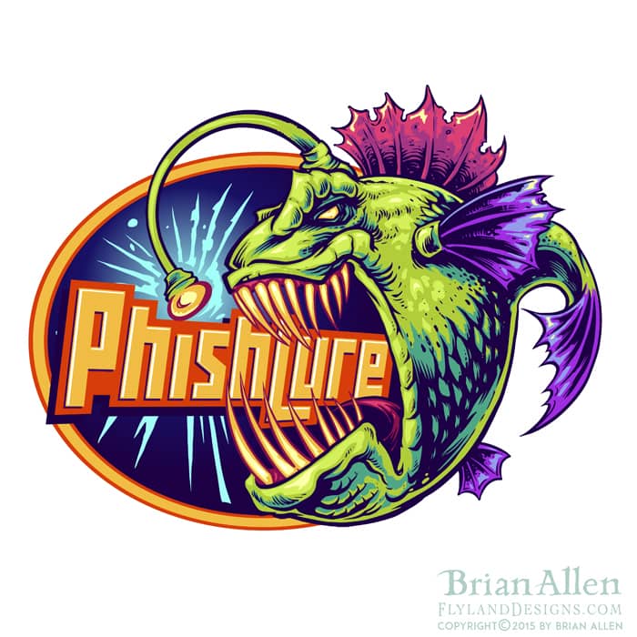Logo design of an angry evil anglerfish in bright colors