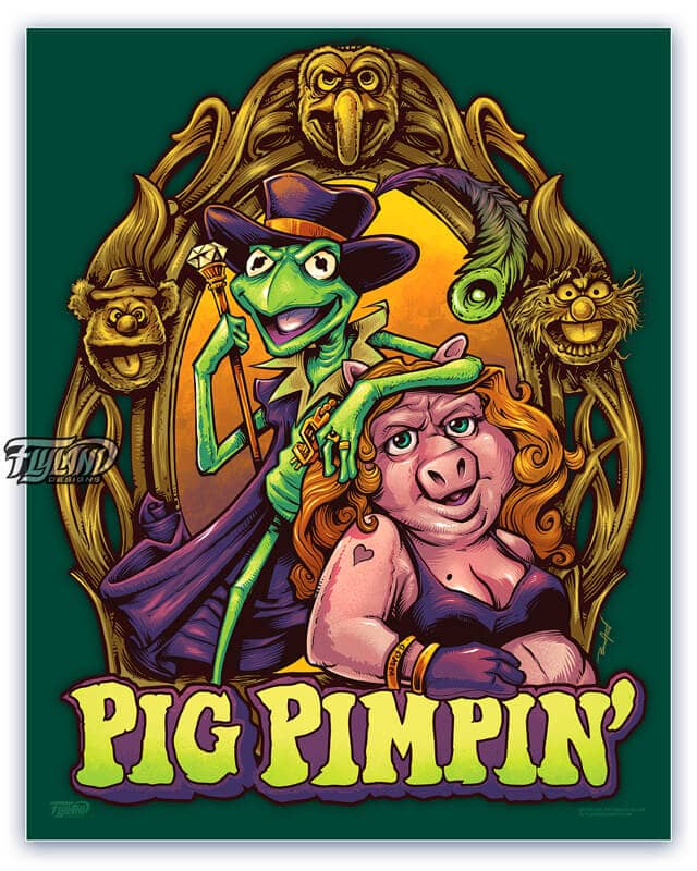 A full color parody illustration of Kermit and Ms. Piggy hitting hard times, entitled "Pig Pimpin