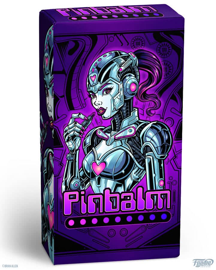 Character and logo design of a sexy female robot putting on lipstick for a cosmetic company called Pinbalm