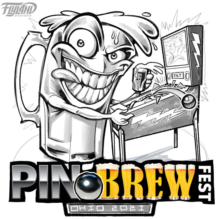 A designed that I created for Pinbrew Fest Ohio of an animated beer glass holding a beer while playing a red pinball machine with a lightning bolt on the side. 