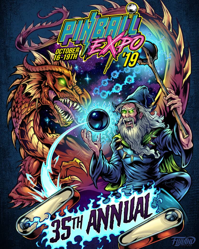 Pinball Expo 2019 poster of a Dragon fighting a Wizard in space