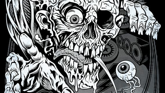 A Zombie Pinball themed t-shirt featuring the inner workings of the arcade machine with eyeballs for the pinball.