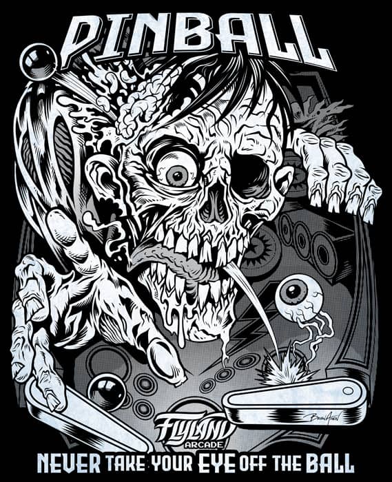 A Zombie Pinball themed t-shirt featuring the inner workings of the arcade machine with eyeballs for the pinball.